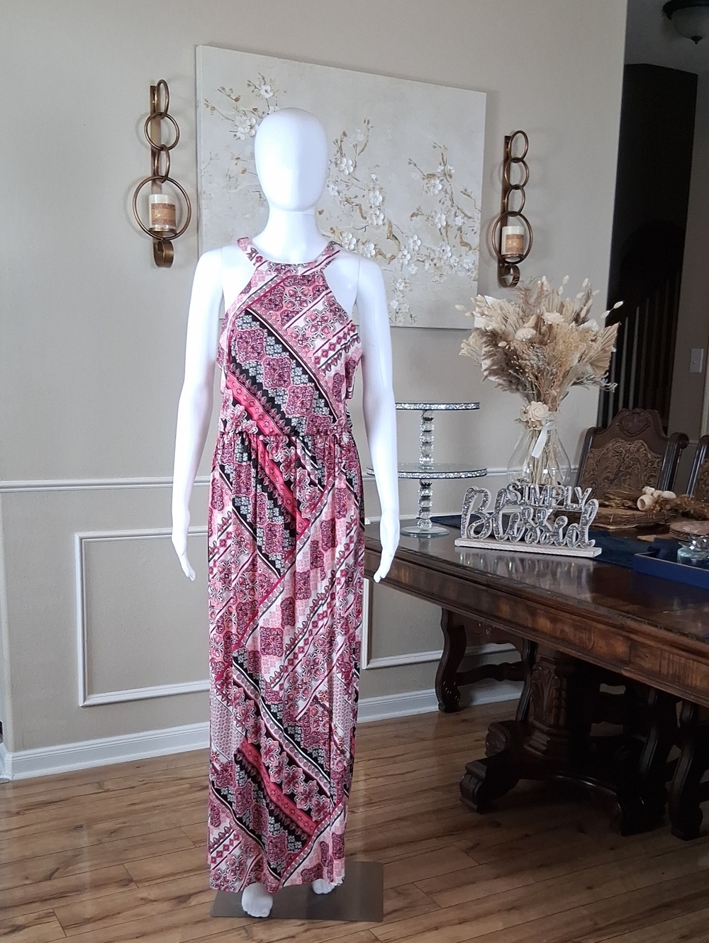 Trixxi Women's Halter Pink Multi Boho Maxi Dress Size Large Summer Dress - Picture 3 of 14